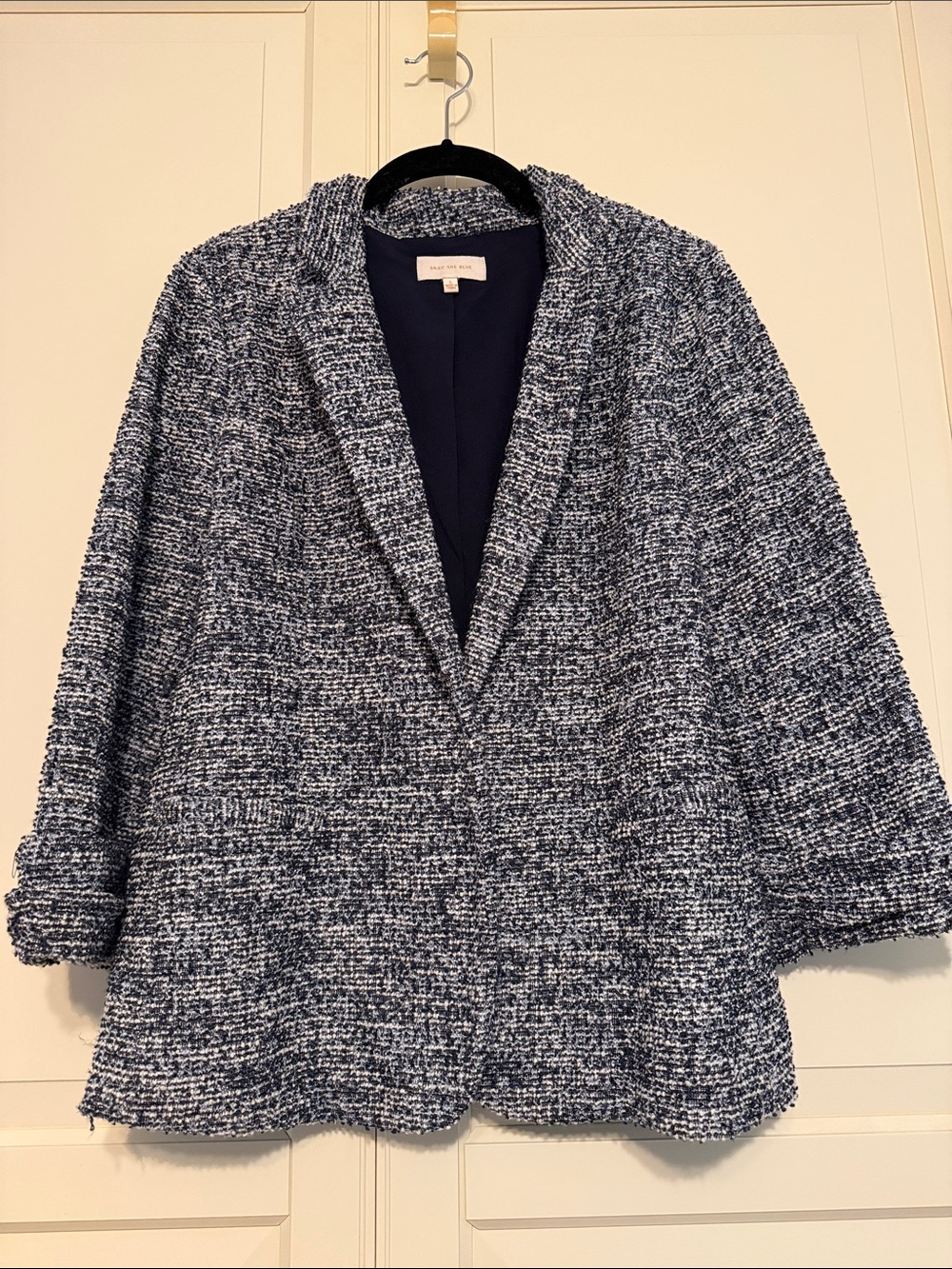 Skies Are Blue Navy and White Bouclé Blazer